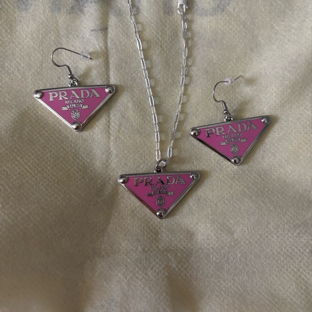 Authentic Prada Pink and Silver Triangle Pendant Necklace and Earrings! Set!